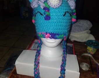 Crochet Blue/Rainbow Unicorn Beanie