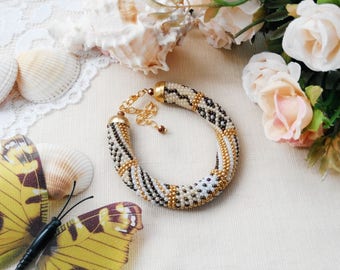 Christmas gifts-for-wife Beige bohemian bracelet Xmas gift-for-daughter Elegant unique bracelet Patchwork jewelry gift Stretch bracelet gold