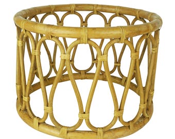 Vintage Round Bohemian Boho Bamboo Wicker Rattan Cane Bentwood Drum Side Table, Wicker Table, Plant Stand, Ottoman, Stool, Woven Planter