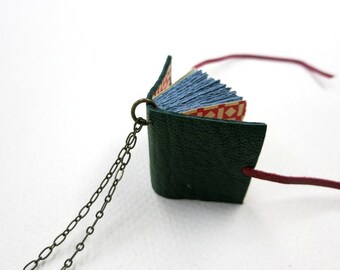 Green Leather book necklaces, Book pendant, leather journal, jewelry, mini diary, miniature journal, hand made, paper goods, green leather