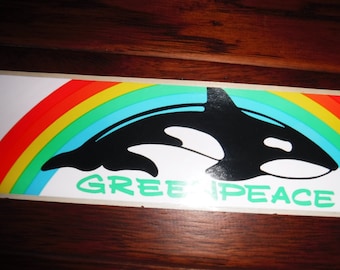 vintage whale and rainbow greenpeace stickers X 3