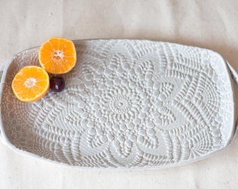 Handmade Pottery Tray - Soft Gray Lace - Ceramic Appetizer Plate - Serving Tray