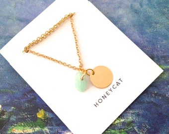 delicate jewelry / thin chain pendant necklace / circle karma plate & jade charm / custom healing stone