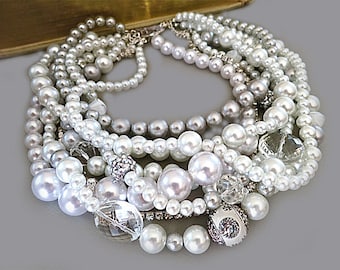 Pearl Statement Necklace, Chunky Bridal Necklace, Wedding Necklace for Bride Wedding Jewellery Choker Grey White Crystal Rhinestone, GRACE