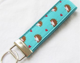 KeyFob Key Chain Wristlet - Hedgehogs on Aqua - Fabric Keychain