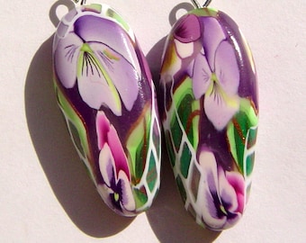 Purple Pansy Dagger Style Charm Handmade Artisan Polymer Clay Beads Pair