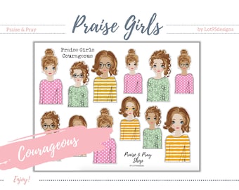 Praise Girls "Courageous" Brunette (with faces). Perfect for journaling bibles or faith journals! Digital, printable stickers.