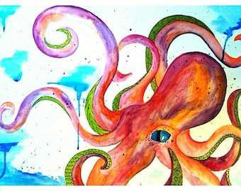 Yellow Octopus Print Cubism Octopus Print 8x10 Inch Print