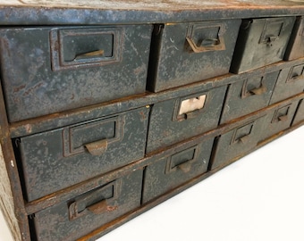 Vintage Industrial 18 Drawer Parts Tool Box, Steel Card Catalog Cabinet, Mid Century Metal Storage, Military Surplus