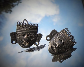 Vintage Hecho en Mexico Signed SCF 925 Silver Myan Aztec Tribal Articulated Mask Pierced Earrings