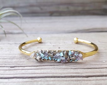 Raw Amethyst Crystal, Raw Turquoise Jewelry, Pyrite Bracelet, Cuff Bracelet Druzy Cuff Bracelet Christmas Gift Druzy Stone Bracelet Silver