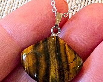 Sterling Silver Tigers Eye Fan-Shaped Pendant Necklace - Sterling Silver 18" Chain -Natural Stone Necklace - Agate - Versatile - Tiger's Eye