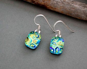 Sterling Silver Dangle Earrings - Fused Glass Earrings - Unique Earrings - Green Earrings - Dichroic Glass Earrings - Gift for Her