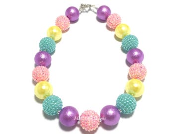 Toddler or Girls Spring Rainbow Chunky Necklace - Purple, Yellow, Pink, Turquoise Chunky Necklace - Easter Necklace - Unicorn Necklace