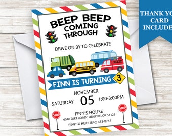 Cars Invite Invitation Truck Automobiles Transportation 5x7 Boys Kids Birthday Digital Personalized