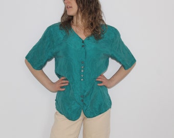 Green silk slouchy shirt 90s green shirt Oversized teal shirt 90s button up Southwestern oversized blouse button down shirt silk minimalist
