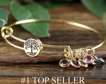 Grandmother Bracelet, Personalized Birthstone Bracelet, Tree of life Charm Bracelet, Gold Family Tree Bangle Bracelet, Mom Bracelet