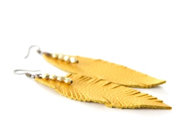 Mustard feather earrings, Leather earrings, Feather earrings, Mustard earrings, Mustard and Gold