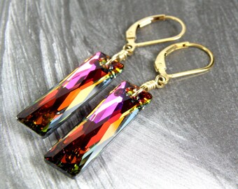 Fiery Red Orange Earrings, Swarovski Crystal, 14k Gold Filled, Long Rectangle Baguette Dangle, Bridesmaid Gift, Modern Wedding Jewelry