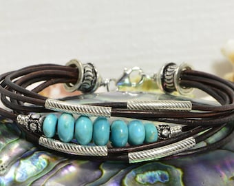 Nevada Blue Turquoise Leather bracelet multi strand bracelet Bangle Bracelet Boho Jewelry Hippie Bracelet