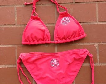 Double Monogrammed Solid Knot Detail Bikini Swimsuit