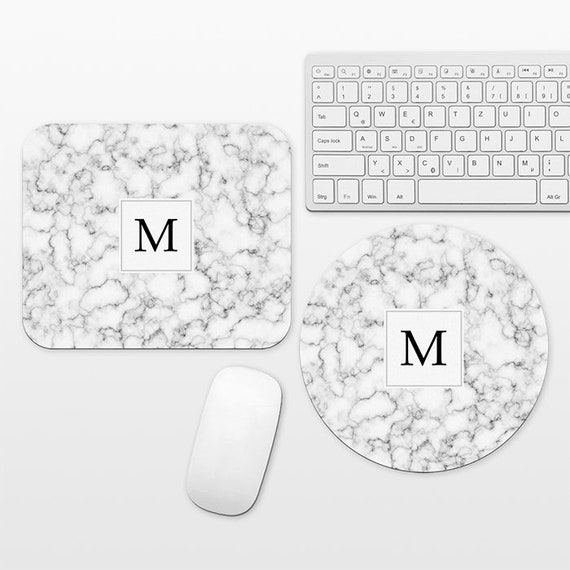 Marble Monogram Mouse Pad Custom Mousepad Personalized Letter Initial Mouse Mat Round Circle Rectangle Rectangular Modern Black and White