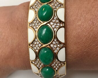 Ciner Clear Crystal Pave, Aventurine Cabochons & Enamel Bangle Hinge Bracelet