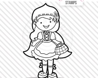 Red Riding Hood Cute Digital Stamp, Red Riding Hood Blackline, Hooded Girl Black and White Outline, Woodland Girl Line Art, Instant Download