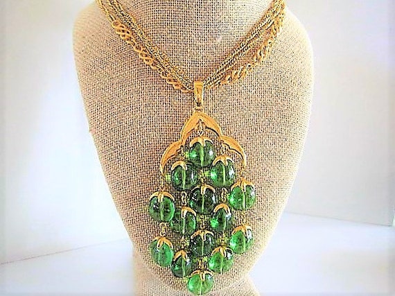 Crown Trifari Waterfall Necklace, Bright Green Lucite, Long Gold Signed Chain, Vintage 70's