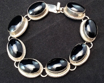 Vintage Mexico Taxco Sterling Silver Oval Black Onyx Link Bracelet, Southwestern Black Onyx Bracelet