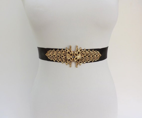 Items similar to Black elastic waist belt. wide belt. Gold filigree ...