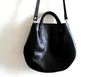 Black Leather basket hand bag ,Cross-body Bag, Every day leather bag- Glossy finish