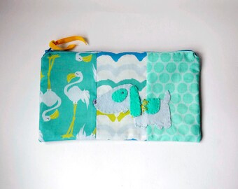 Zipper Pouch, 5.5x9.25" in aqua, teal, lime, white and blue flamingo print fabric with Handmade Felt Dog Embellishment, Puppy Zipper Pouch