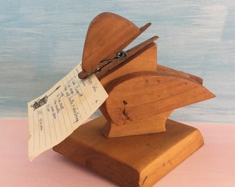 Recipe Card Holder, Clip, Clothespin, Wooden Bird, Memo Holder, Handmade Vintage