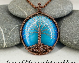 Family tree of life pendant necklace Blue charm necklace Copper jewelry Statement necklace Mother in law gift for mom gift for grandma gift