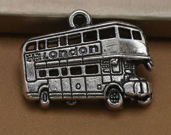 10 Double-decker Bus Charm, 25x19mm Antique Silver Tone Double-decker Bus Charm, London Double-decker Bus