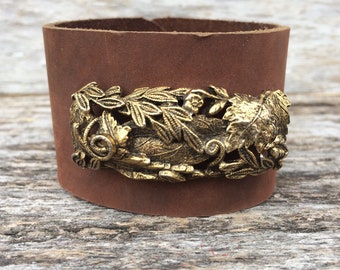 Distressed Brown Leather Cuff with Vintage Brass Jewelry size Small to Medium by Stacy Leigh