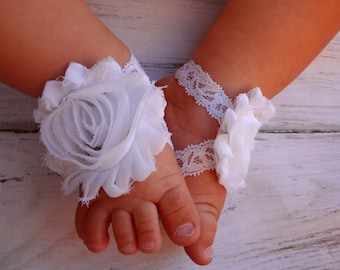 White Lace Baby Barefoot Sandals - Newborn Sandals - Baby Shoes - Photography Prop - Baptism Barefoot Sandals - Preemie Sandals