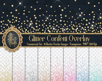 16 Glitter Confetti Overlay Images, 16 Colors, Glitter Borders, Glitter Confetti Clipart, Digital Confetti, Glitter Overlay, Commercial Use