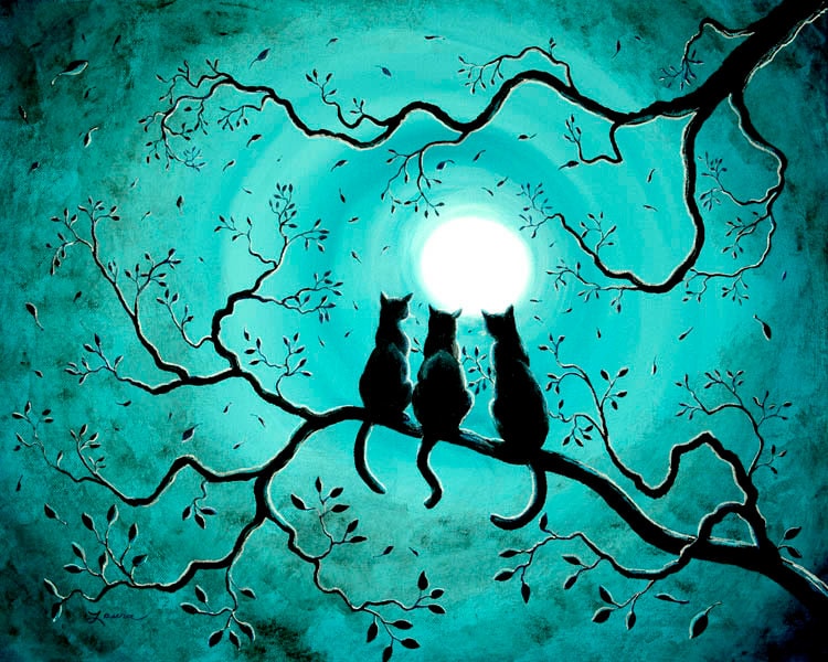 Three Black Cats Wall Art Teal Blue Full Moon Silhouette