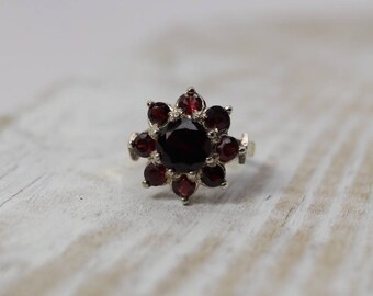 Vintage Garnet Cluster Ring, size 6.25, sterling silver, January birthstone, Fine estate jewelry, gifts for her, 2nd anniversary gift