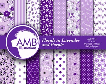 Floral Digital Papers, Purple floral papers, shabby chic floral, girly floral pattern, scrapbook paper, commercial use, AMB-1914