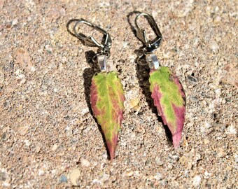 leaf earrings, resin earrings, purple earrings, green earrings,