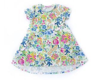 Florence Floral Short Sleeve Dress with high low hem for baby and toddler girls sizes newborn to 5/6T