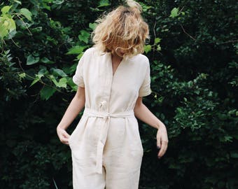 Linen Jumpsuit - Linen Kimono Jumpsuit - Ivory Linen Jumpsuit - Short Sleeve Linen Jumpsuit - Overall - Ivory Linen - Handmade by OFFON