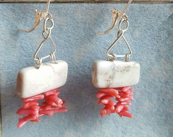 Coral & Howlite Geometric Earrings