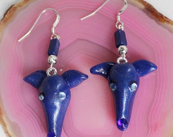 Greyhound Whippet Dark Blue Clay Sterling Silver Wire Earrings
