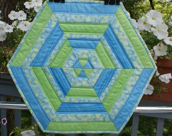 Quilted Table Topper, Green & Blue Table Topper, Hexagon Table Topper, Ombre Fabric Table Topper, Hostess Gift, Teacher Gift