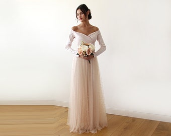 Off-Shoulder Dress, Light Peach pearls tulle, Maxi Tulle Dress With pearl, Unique Bridesmaid Dress, 1178