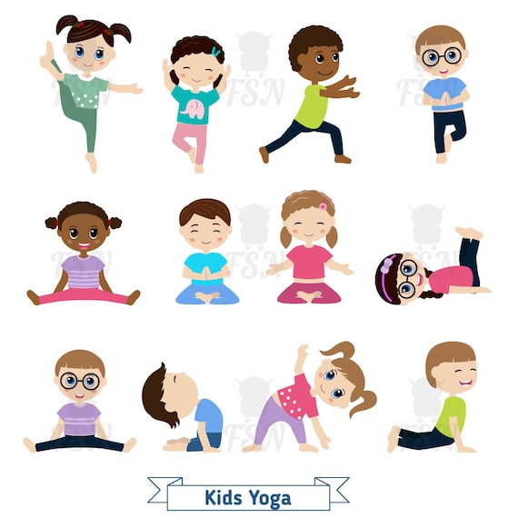 Kids doing yoga in different positions. Digital Clipart.